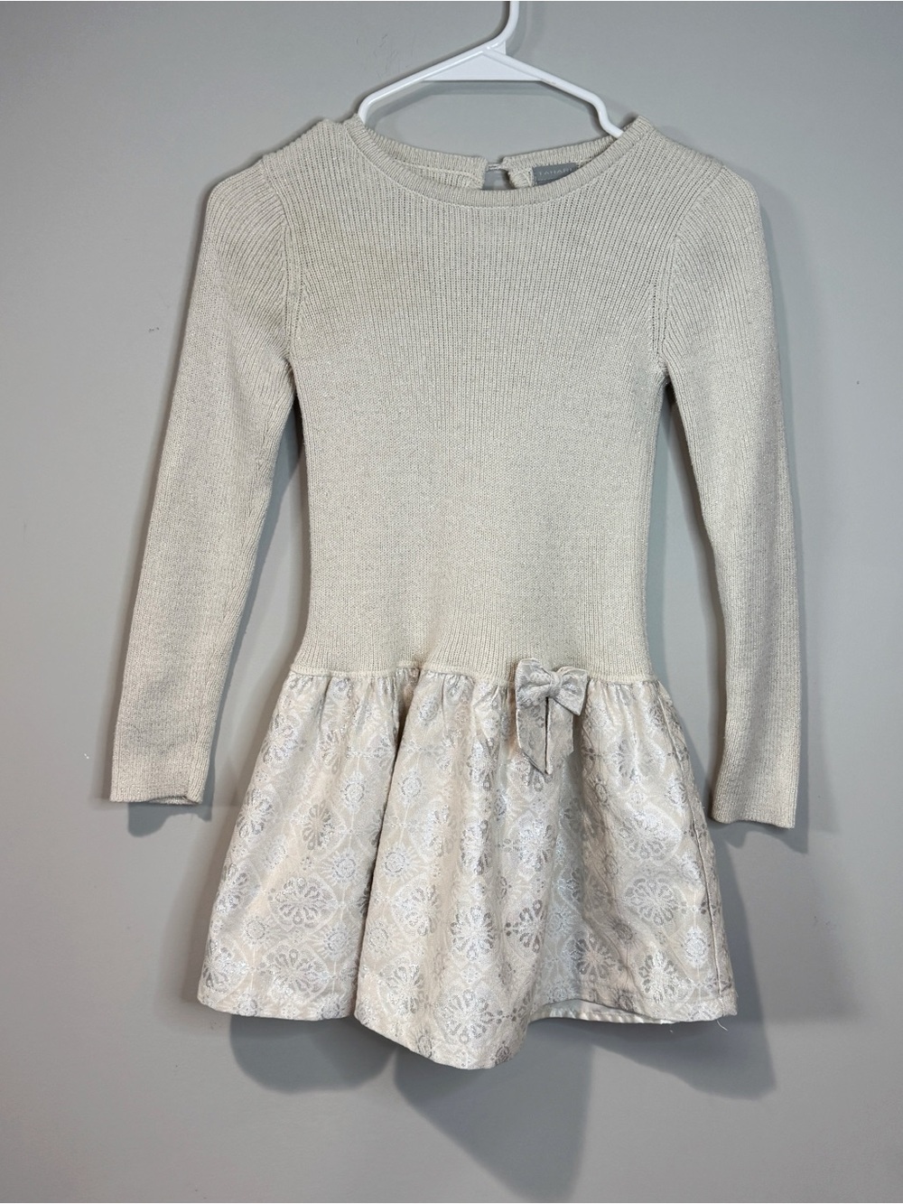 Tahari Girls 7/8 Cream Metallic Brocade Skirt Knit Holiday Winter Dress Bow